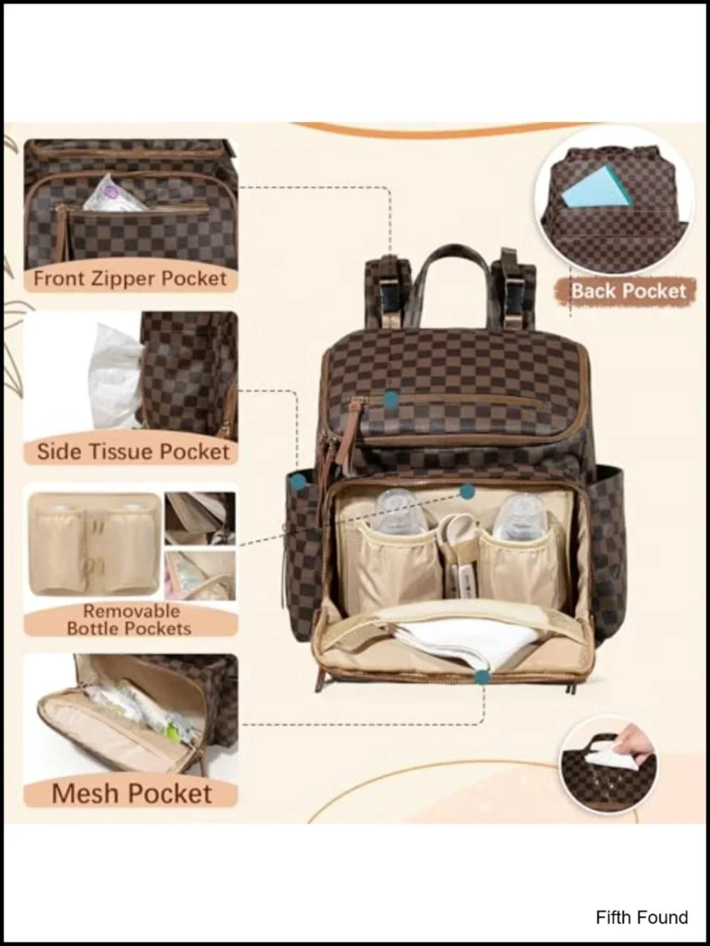 Checkered PU Leather Diaper Bag Backpack with Insulated Pockets, 17 Pockets